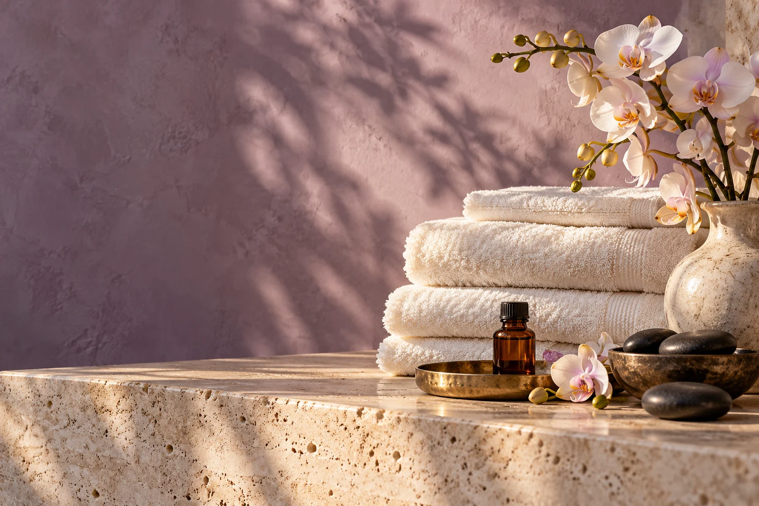 Illustrative towels, orchids and massage oils