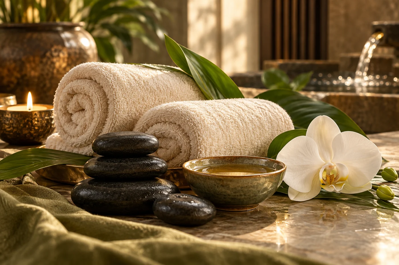 Spa-inspired towels, orchid and massage stones